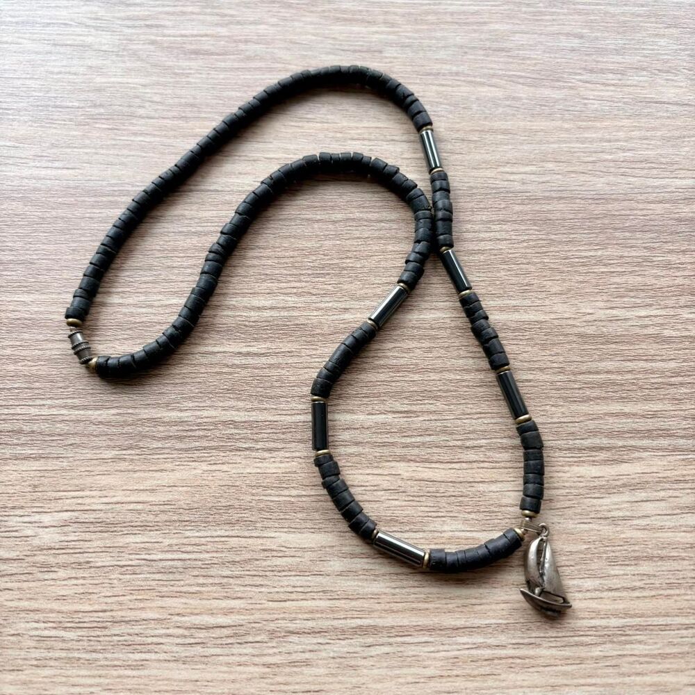 Vintage Sailboat Pendant Black Beaded Necklace, Summer, Beach Jewelry Coastal